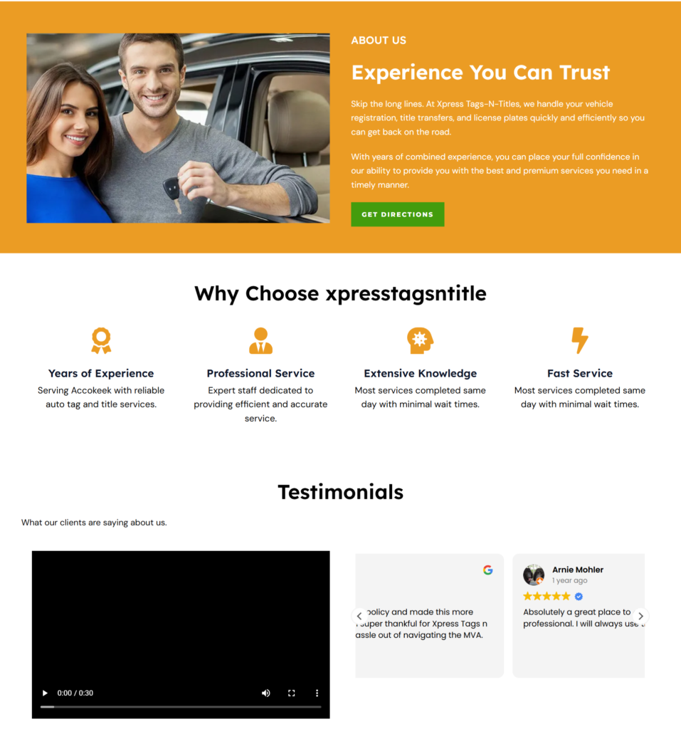 Professional service advertisement and testimonials