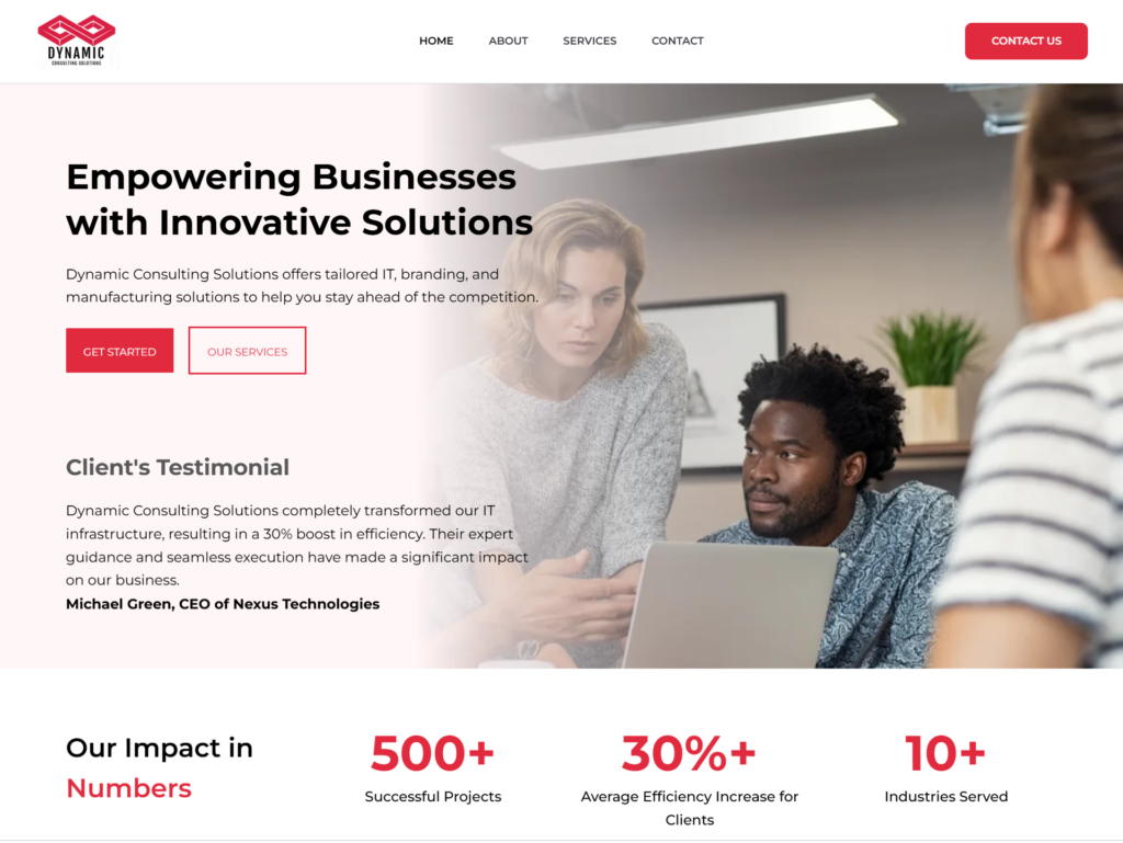 Business consulting website with testimonials