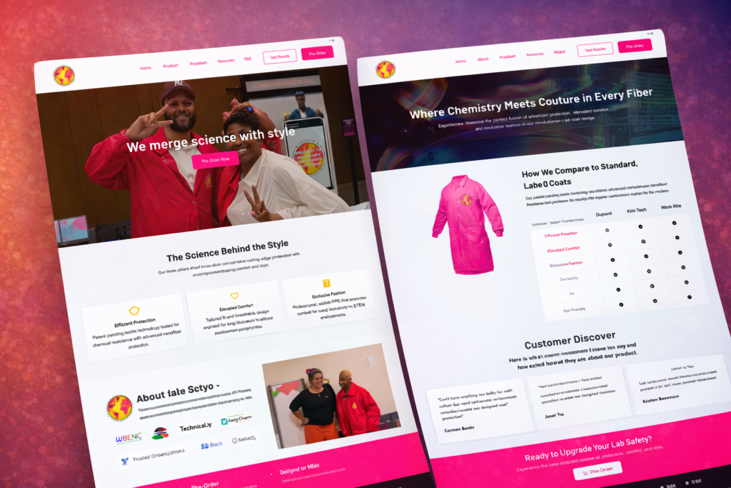 Lab coat website showcasing science fashion.