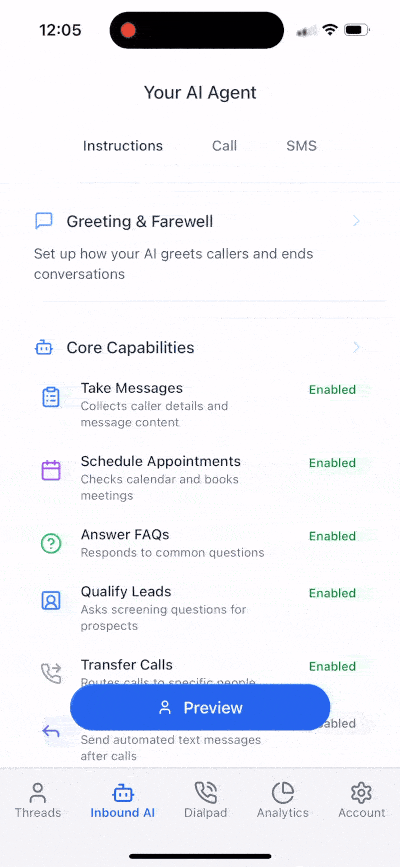 AI agent setup interface with options