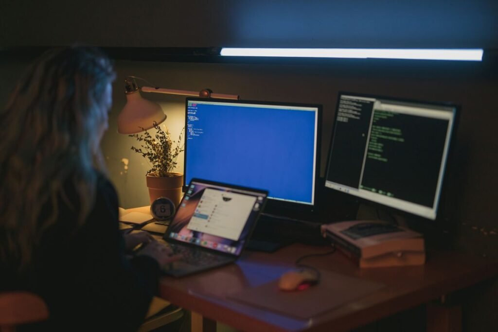 Developer working at a computer on ethical AI